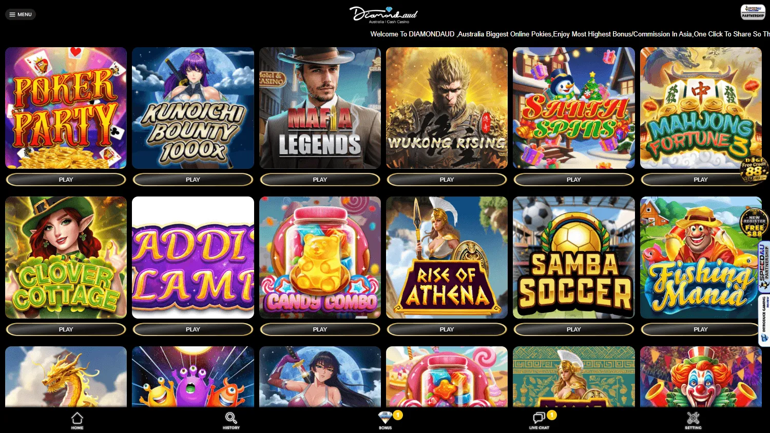 Diamond Aud Casino games area on desktop
