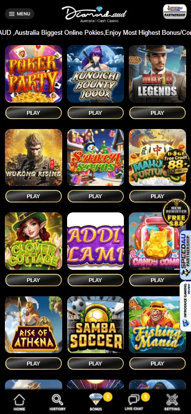 Diamond Aud Casino games area on a mobile device