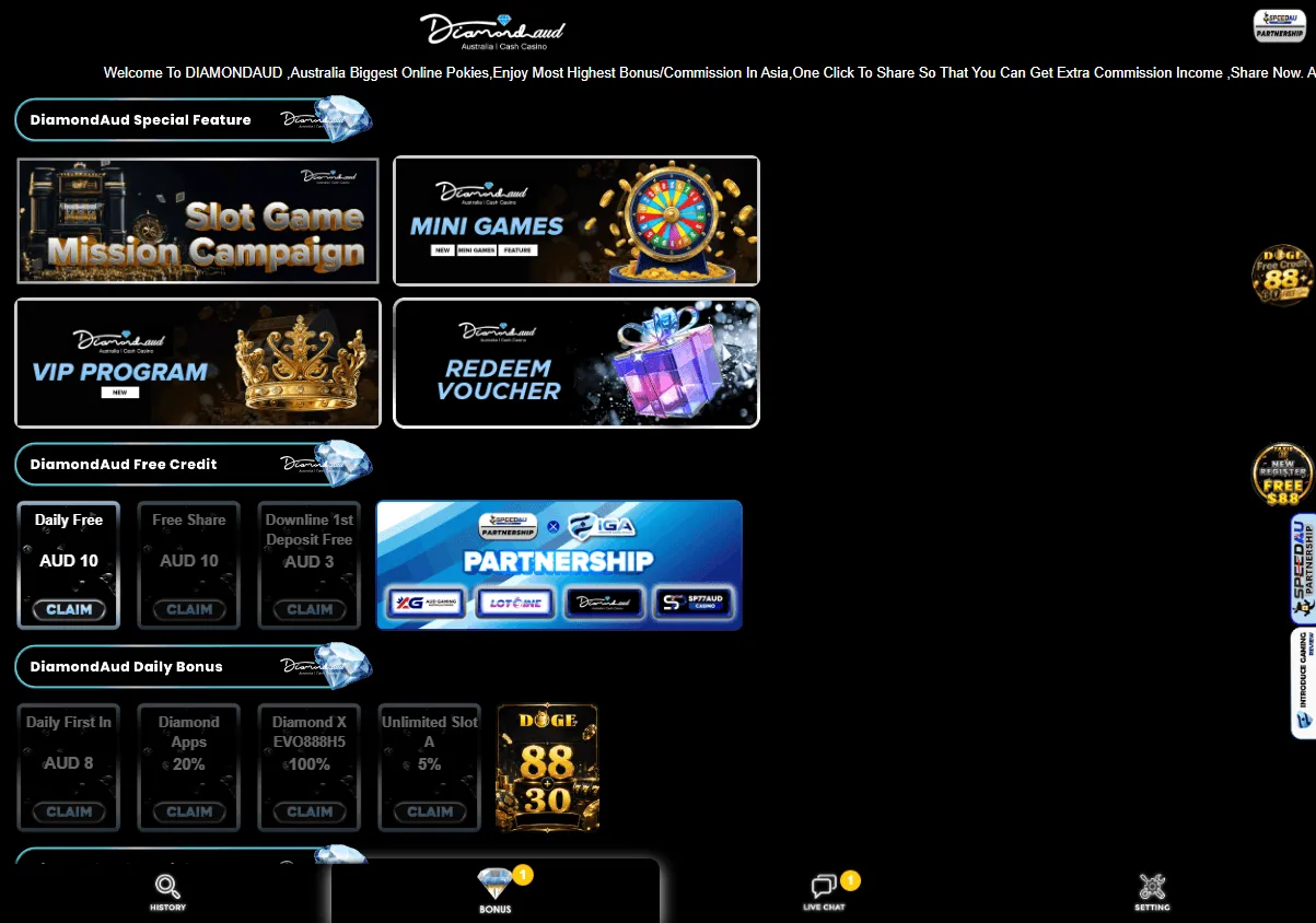 Diamond Aud Casino promotions area on desktop